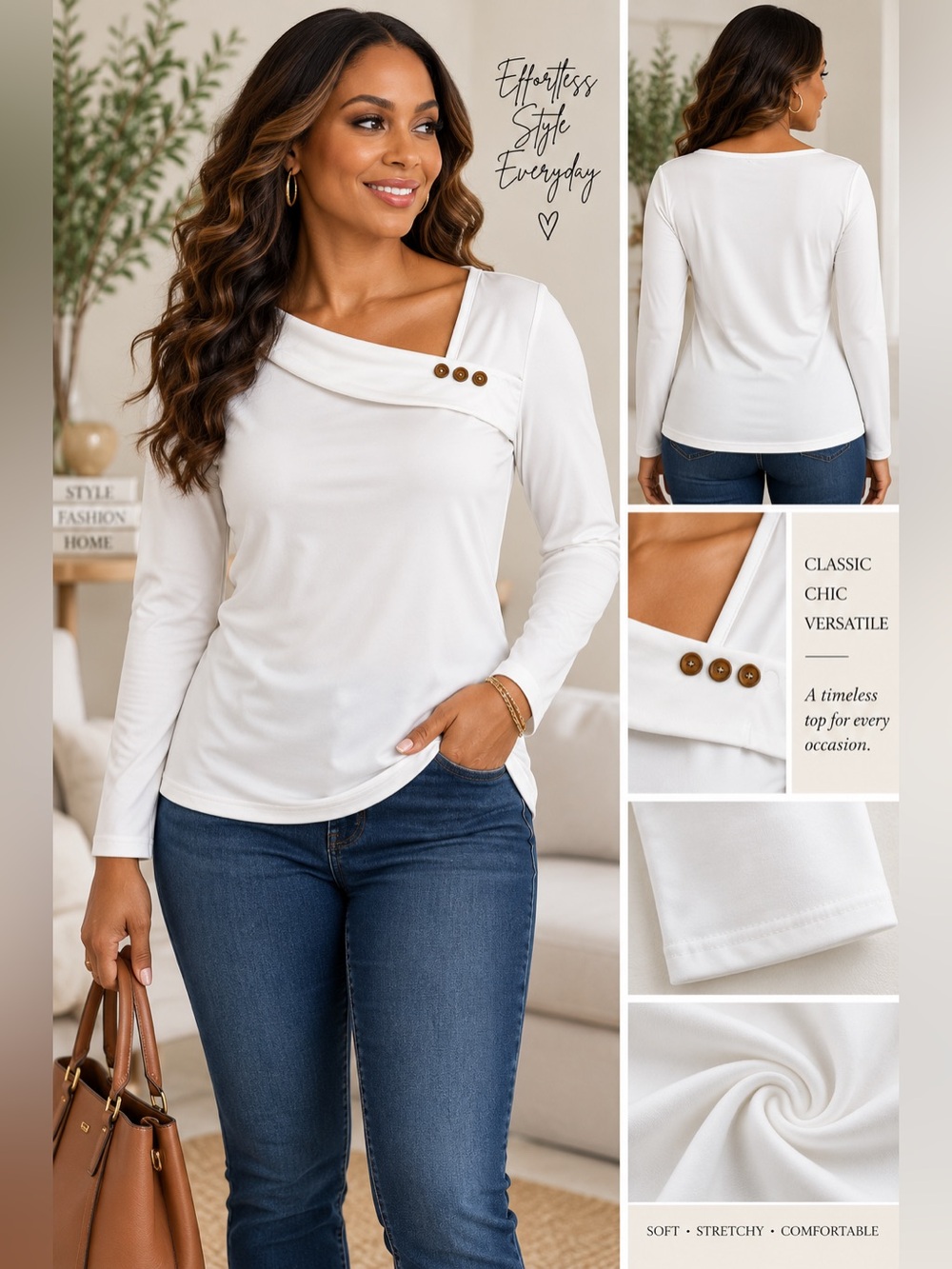 White Asymmetrical Neck Long Sleeve Top Gold Button Detail Size L